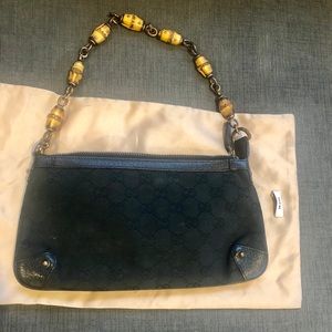 Gucci Black canvas, leather and bamboo handbag